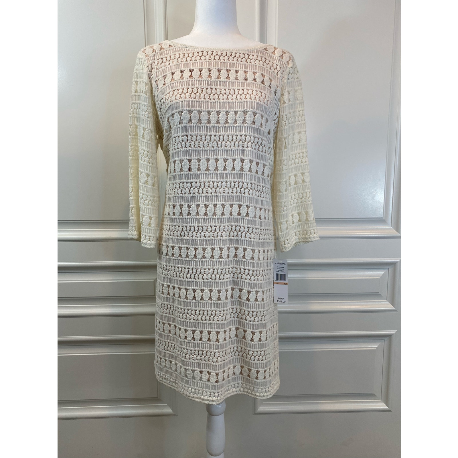 Nwt Sharagano Dress Size 12 Ivory Off White Crochet Illusion